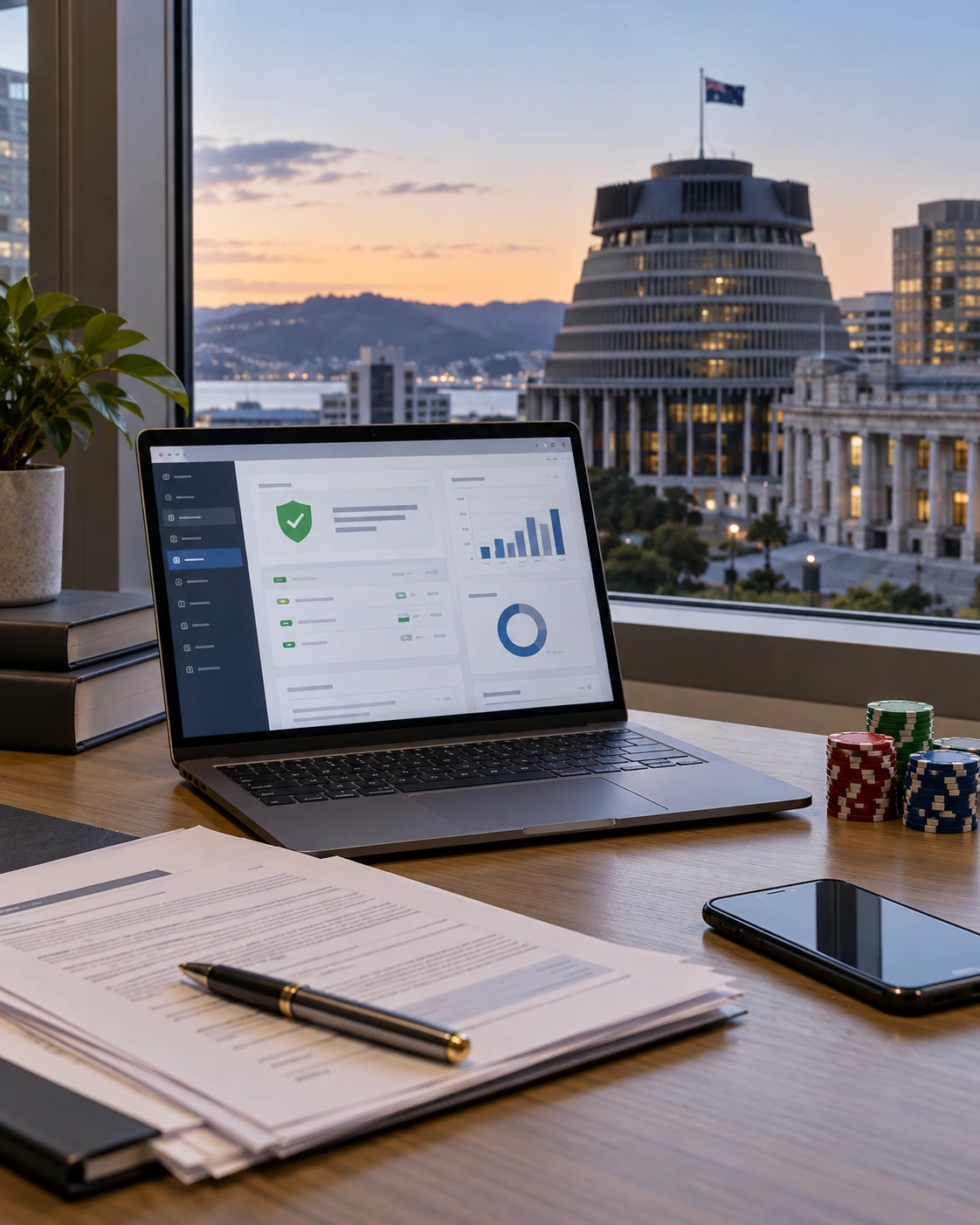 Compliance workspace with a laptop dashboard, documents and poker chips in front of a New Zealand government district skyline.