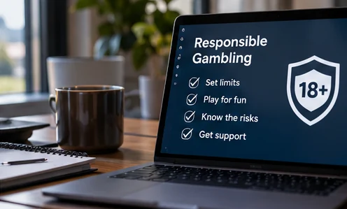 Laptop screen showing responsible gambling checks and age restriction iconography.