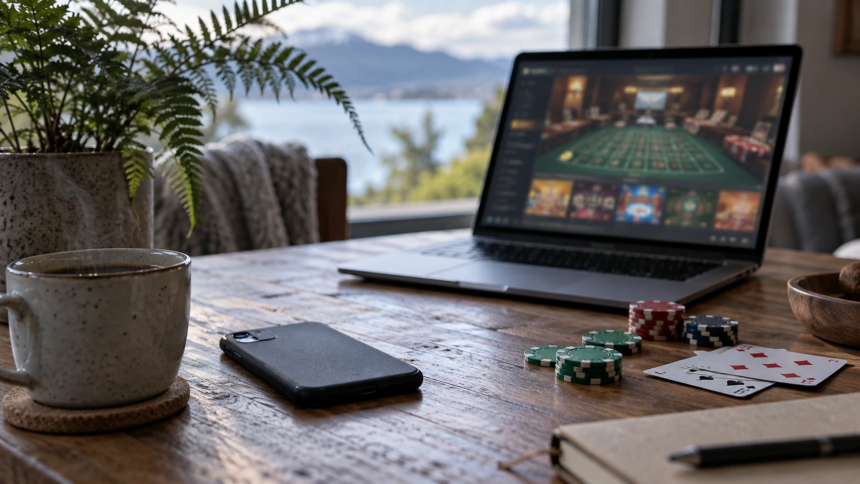Quiet tabletop scene with a laptop, face-down phone, poker chips, cards and a cup of coffee beside a fern.