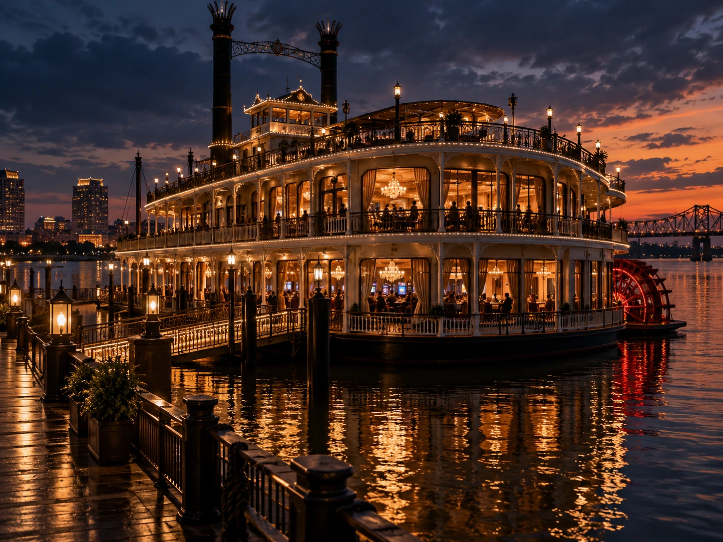Elegant riverboat casino lit at dusk on calm water.
