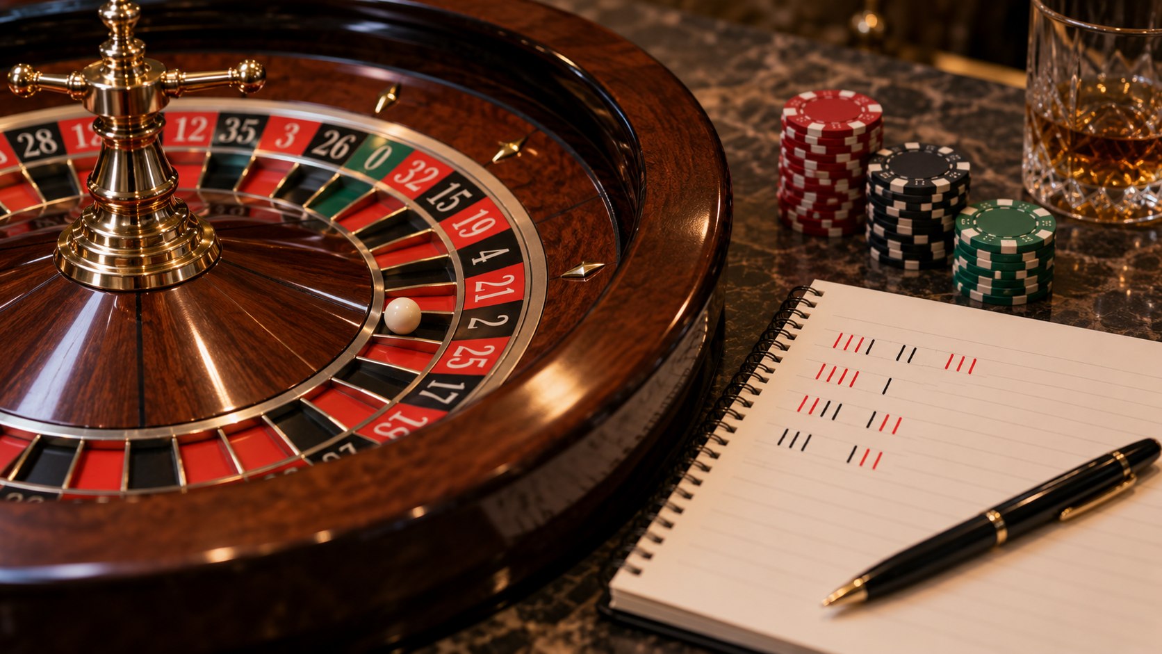 Roulette table beside a notebook tracking red and black outcomes