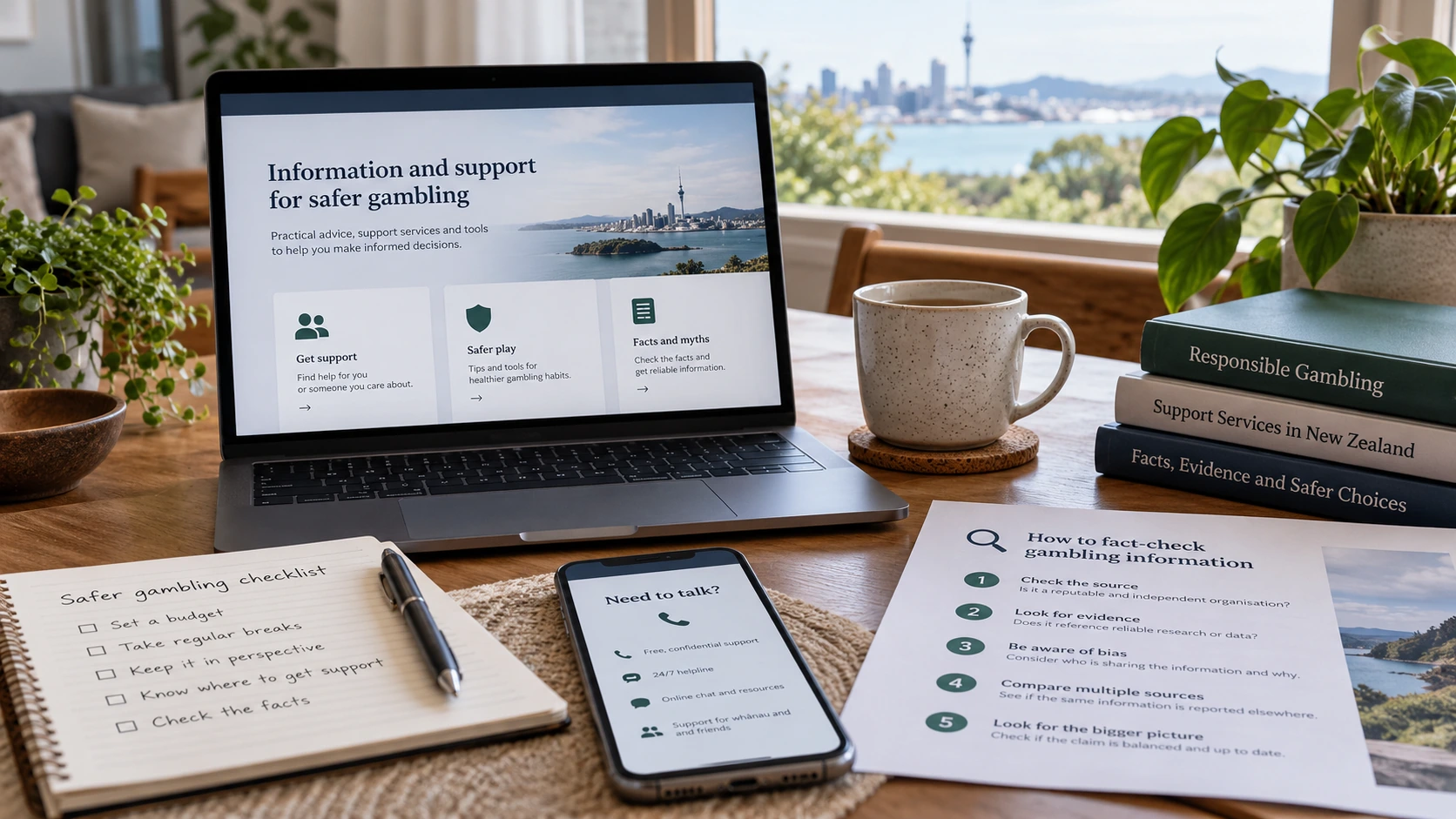 Calm workspace with a laptop showing safer gambling information, a mobile support screen and printed fact-check notes in a New Zealand home setting.