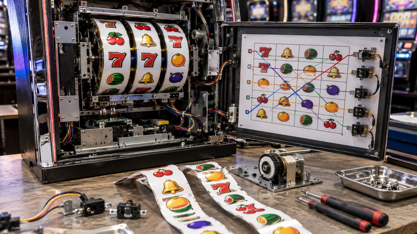 Slot reel components and payline schematic in a service workshop