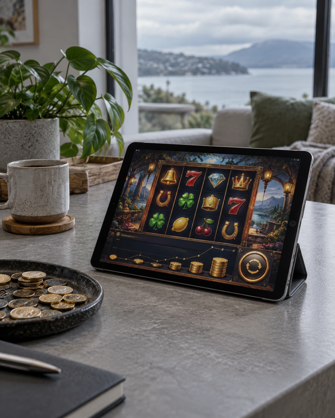 Tablet showing an online slot game with coins and changing payout patterns, illustrating volatility