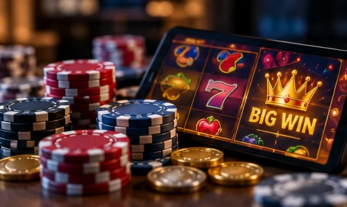 Stacked casino chips next to an online slot display.