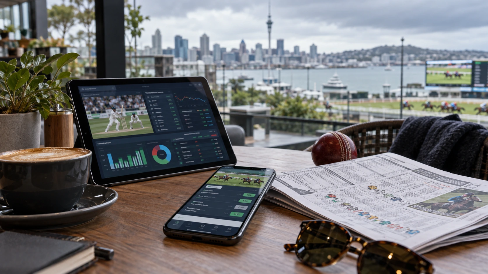 Tablet and smartphone with generic betting interfaces on a waterfront caf&eacute; table overlooking a New Zealand skyline and racecourse.