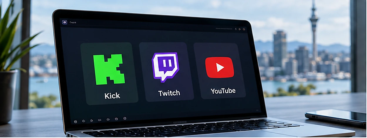 Laptop displaying major streaming platform options in a New Zealand apartment