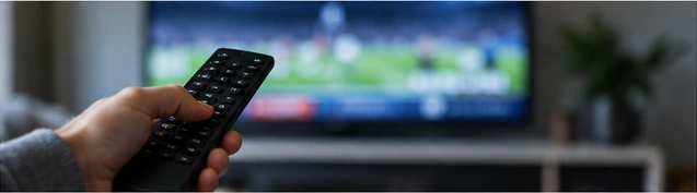 Remote control pointed at a sports television broadcast