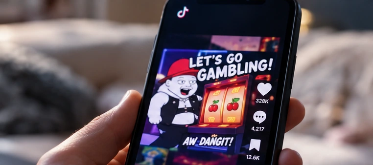 A smartphone showing a short-form gambling meme animation in a social video feed.