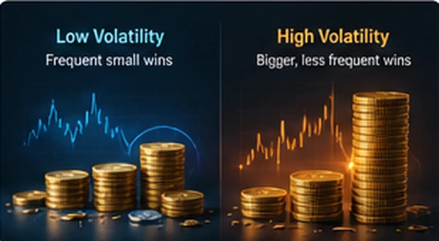 Low and high volatility describe different payout patterns, not different guarantees.
