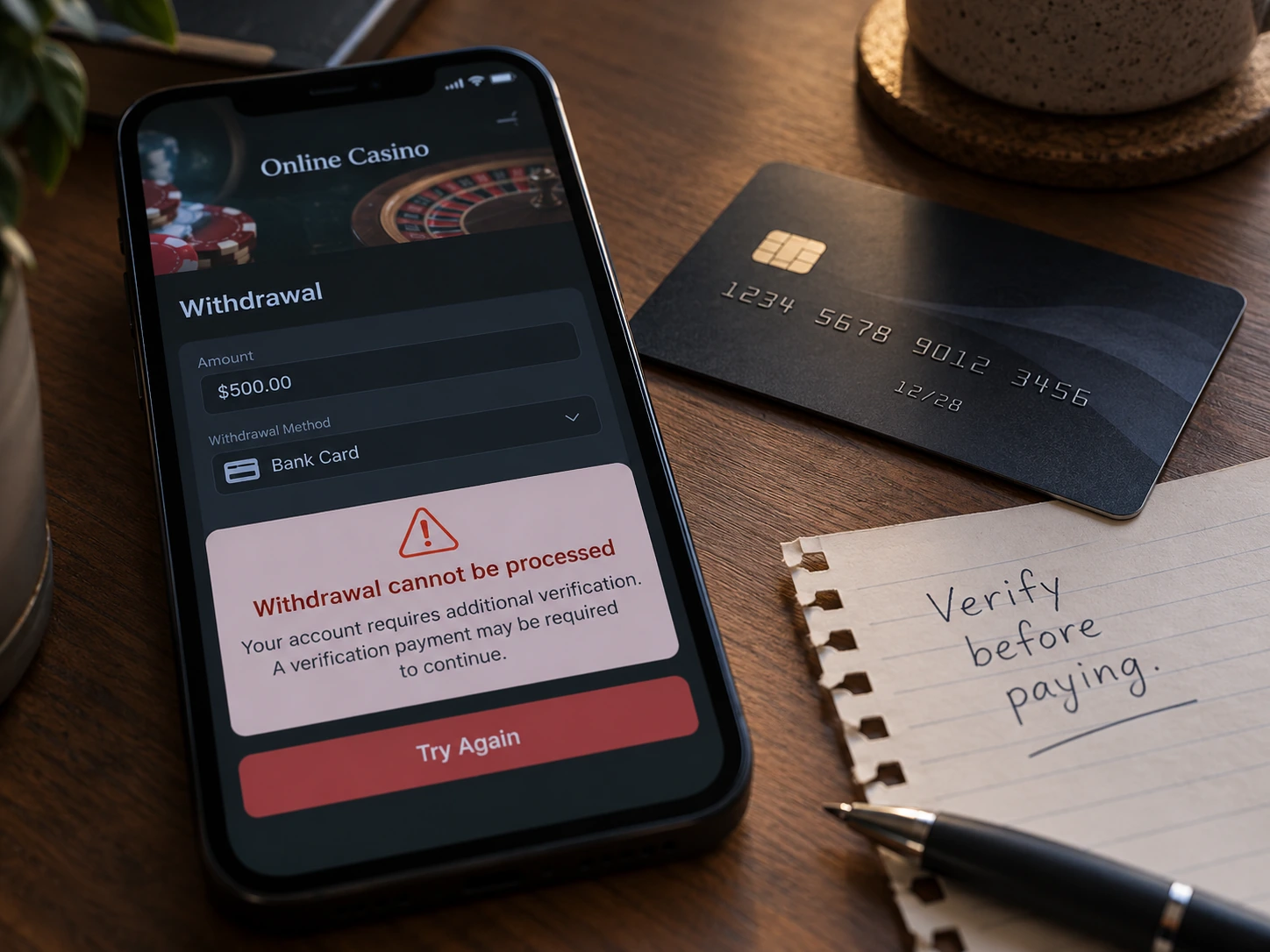 Smartphone showing a withdrawal warning next to a bank card and a handwritten note saying verify before paying, representing a withdrawal scam warning.
